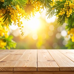 木漏れ日が映えるナチュラルなウッドデッキと、春の訪れを告げるミモザのフレーム