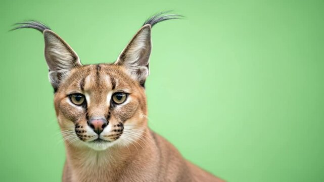 Caracal Wild Cat Close Up Portrait Looking at Camera on Green Background