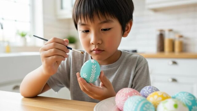 Young Asian boy painting blue Easter egg with white floral patterns, mindful holiday craft activity