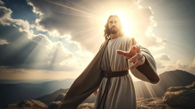 Middle aged man portraying Jesus Christ reaching out for help on a mountain top with divine light