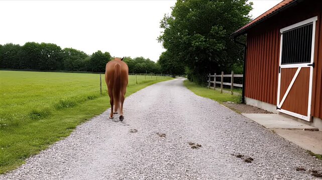 Majestic Chestnut Horse Walks Along Gravel Path Towards Rustic Red Barn on a Sunny Day