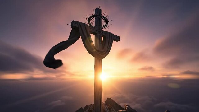 Wooden Cross with Crown of Thorns and Black Cloth on Rocky Peak at Sunset for Good Friday Mourning