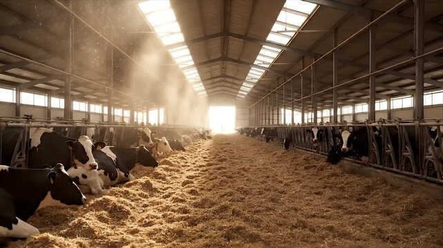 Modern Dairy Farm Barn Interior with Cows in Rows Under Natural Sunlight Streaming Through Ceiling Vents Showing