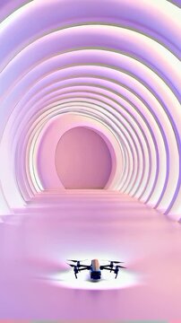 Quadcopter drone flying through a holographic pink tunnel with abstract concentric arches. Minimalistic 3d neon light corridor background. Vertical video