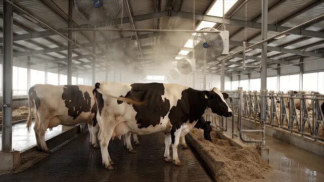 Modern Dairy Farm Facility with Holstein Cows Receiving Misting for Cooling Amidst Barn Interior Agriculture Livestock