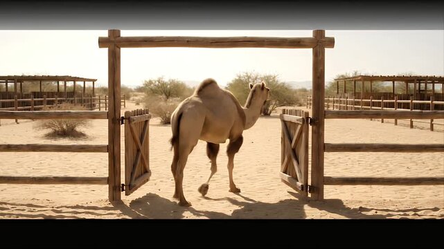 One Hump Camel Enters Wooden Gate at Desert Ranch Enclosure Under Bright Sunlight