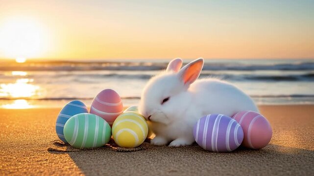 Cute white baby bunny sleeping with colorful Easter eggs on a tropical beach at sunset