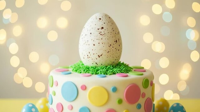 Whimsical pastel polka dot Easter cake with large speckled egg topper and festive bokeh lights