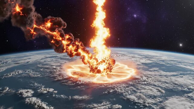 Fiery Meteor Impacting Earth with Massive Explosion From Space 3D Render