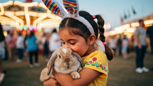 Happy young girl with bunny ears holding a rabbit at a festive spring carnival petting zoo