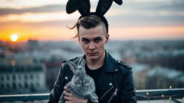 Alternative Young Man with Mohawk Wearing Bunny Ears Holding Grey Rabbit on Urban Rooftop at Sunset