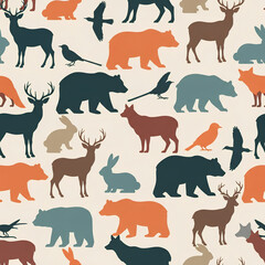 Seamless Pattern of Forest Animals and Birds Silhouette 1.