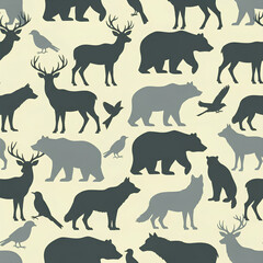 Fototapeta premium Seamless Pattern of Forest Animals and Birds Silhouette.