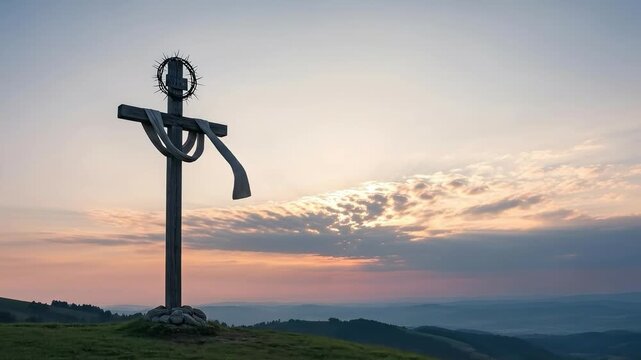 Wooden cross with crown of thorns and white cloth on a hill at sunset for Lenten season reflection