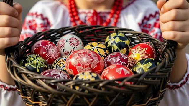Young girl in traditional Ukrainian vyshyvanka holding a basket of hand-painted Pysanky Easter eggs