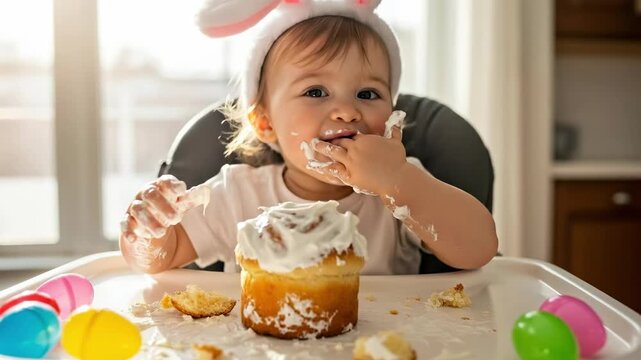 Toddler girl with bunny ears celebrating first Easter with messy cake smash and colorful eggs