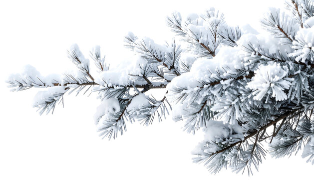 Close-up of snow-covered evergreen branch against a black background