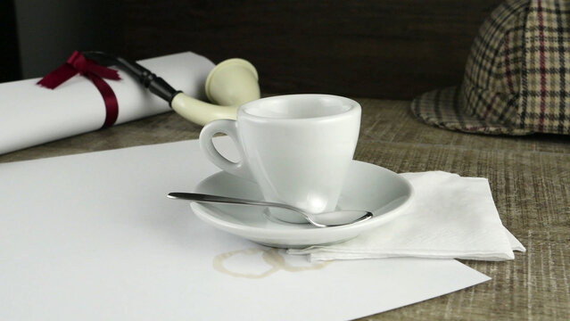 Inspired Detective Workspace with Coffee and Calabash Pipe