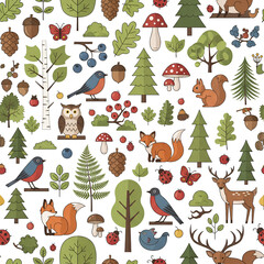 Fototapeta premium Seamless Pattern of Forest Animals and Plants in a Whimsical Style 1.