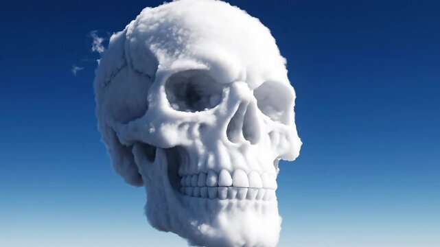 Skull Shaped Cloud Floating in Blue Sky with Soft Fluffy Texture. Surreal white cumulus formation resembling a human skeleton head in a bright atmosphere