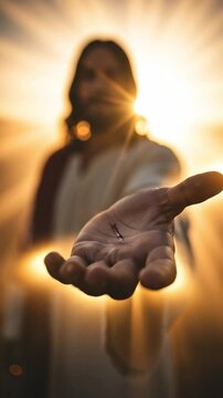 Resurrected Jesus Christ reaching out with hand showing stigmata wound for divine mercy and healing