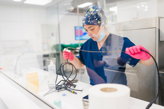 Veterinarian preparing endoscope for surgery in veterinary clinic