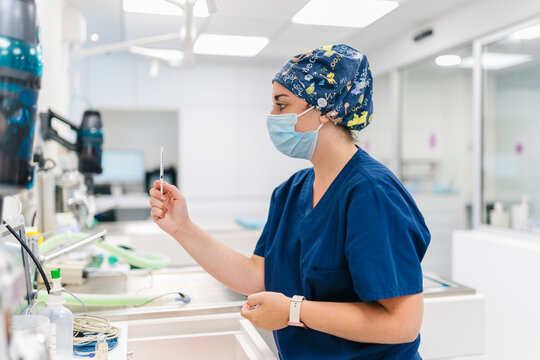 Veterinarian preparing syringe for injection in operating room