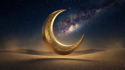 Golden Crescent Moon over Desert Night Sky for Ramadan Background 
