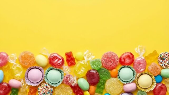 Colorful candy assortment frame on yellow background with copy space stop motion animation of sweets appearing