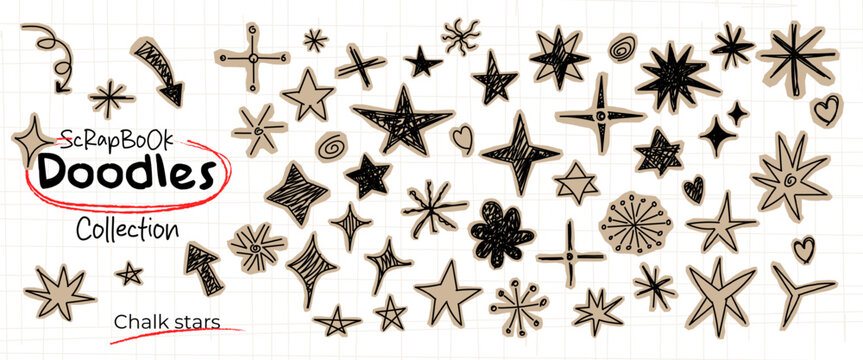 Large collection of hand drawn star doodles in scrapbook style with sketchy black outlines and beige paper cut effect on grid background ideal for creative decoration stickers and design elements.