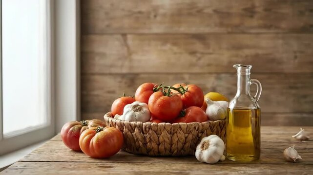 A commercially pristine basket of fresh tomatoes, garlic, and olive oil on a rustic wooden tabletop