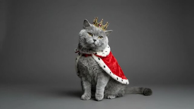 British Shorthair Cat Wearing Gold Crown and Royal Red Cape