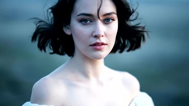 Close-up of a beautiful young woman with dark hair and bare shoulders looking at the camera with a serious expression.