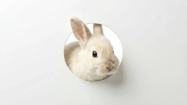Easter Bunny Peeking Through Circular Hole in White Background Animation