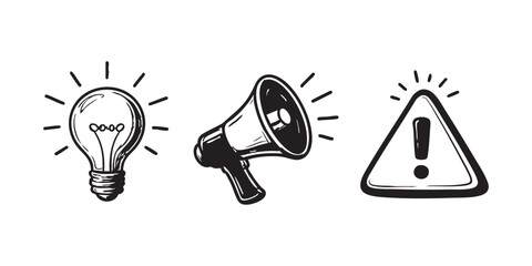 Set of Hand Drawn Line Icons: Idea, Announcement and Warning. Black and white vector illustration. Symbols collection. Sketch. attention   © Daria Bubnova