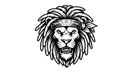 Obraz premium Fierce Lion Head with Bandana, Aggressive Roar, Tribal Tattoo Style