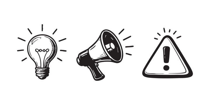 Set of Hand Drawn Line Icons: Idea, Announcement and Warning. Black and white vector illustration. Symbols collection. Sketch. attention

