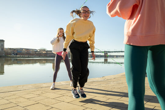 Best friends adolescents group fun time by the river