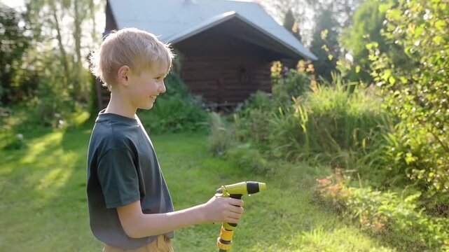 Funny boy watering the bushes and playing with garden hose with sprinkler in sunny backyard on hot summer day. Happy child having fun with water splashes. Summer outdoor activity for kids.