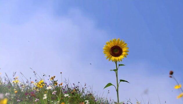 A vibrant sunflower, center focus, stands tall against a partly cloudy, bright blue sky. Wildflowers dot the foreground, grass swaying