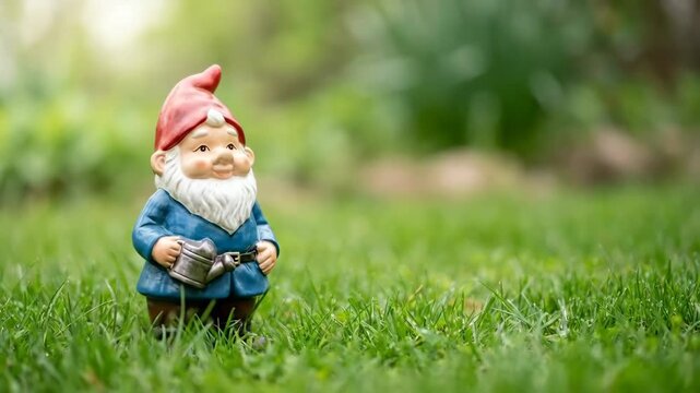 Garden Gnome Standing in Green Grass Holding Watering Can with Copy Space 3D Render