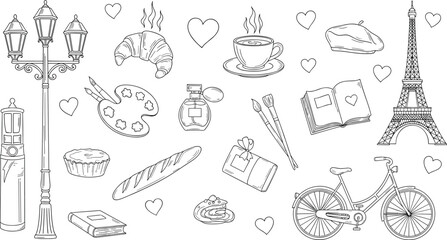 Paris themed hand drawn doodle collection with Eiffel Tower croissant coffee bicycle and romantic French lifestyle sketch illustration © MdSoidur