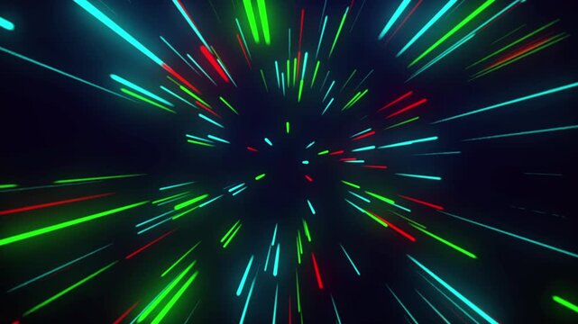 Abstract colorful neon light streaks zooming through dark space, digital art illustration