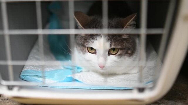 A cute cat is in a big cage ready to go in a vet clinic or in an animal shelter. White fluffy tomcat sitting in an animal carrier waiting for trip