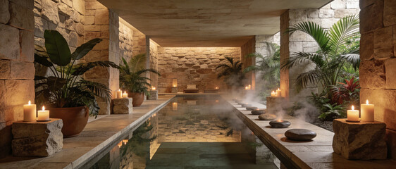 Luxurious modern wellness spa interior with a long reflecting pool, rustic stone walls, tropical greenery, and warm candlelight creating a serene, misty atmosphere for ultimate relaxation and zen.