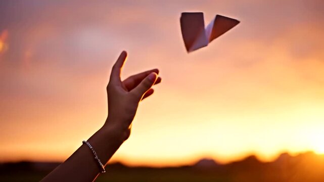 Hand Releasing Paper Plane at Sunset.