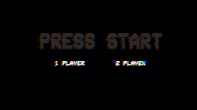 8 Bit Press Start Glitch Animation Retro Pixel Game Screen with 1 and 2 Player Options 4k video animation seamless loop