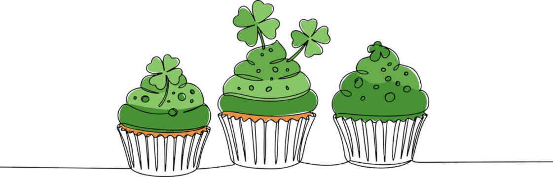 Three green cupcakes decorated with shamrocks, isolated on a transparent background, perfect for St. Patrick's Day festivities or baking themed projects.