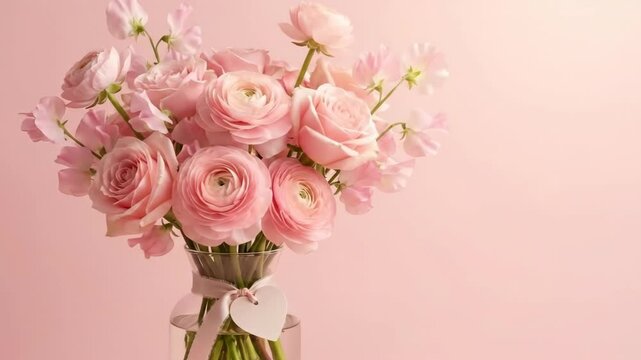 Pink ranunculus bouquet in glass vase with heart tag on pink background. Romantic floral arrangement with pastel flowers and copy space. Valentines day and mothers day concept