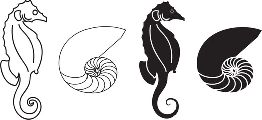 Seahorse and nautilus shell illustrations in outline and solid styles. Elegant marine life symbols inspired by ocean nature themes. Perfect for nautical branding, tattoos, and decorative design  © Sk
